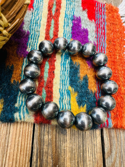 Handcrafted 12mm Sterling Silver Beaded Stretch Bracelet