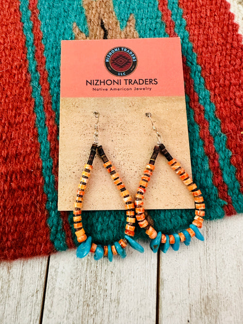 Handcrafted Turquoise, Spiny & Heishi Beaded Hoop Earrings