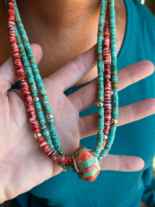 Daniel Coriz Triple Strand Spiny Oyster and Turquoise Beaded Necklace w/ Removable Sterling Silver & Stone Inlay Bead