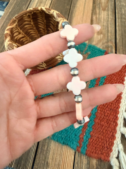 Handcrafted Queen Pink Conch & Sterling Silver Pearl Cross Beaded Stretch Bracelet