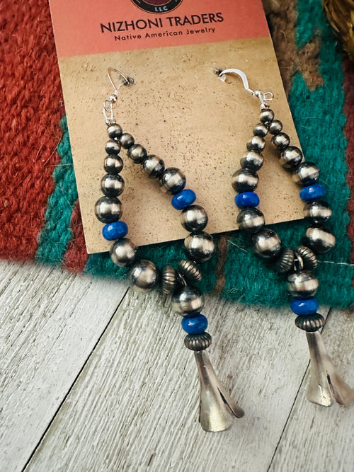 Navajo Lapis & Sterling Silver Pearl Beaded Blossom Hoop Earrings