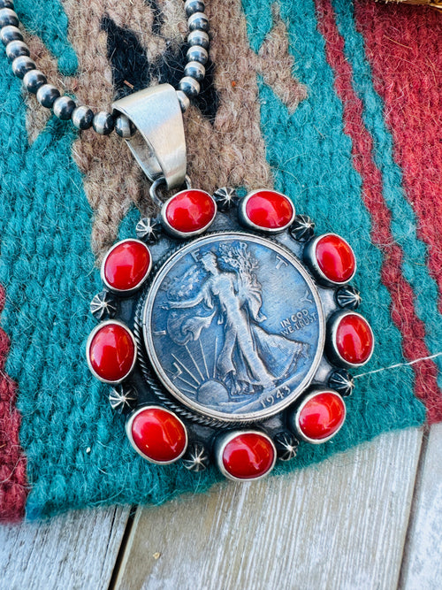 Handcrafted Sterling Silver and Coral Liberty Coin Pendant by Darrin Livingston