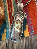 Handcrafted Sterling Silver and Number 8 Turquoise Kachina Pendant by Ronald Tom