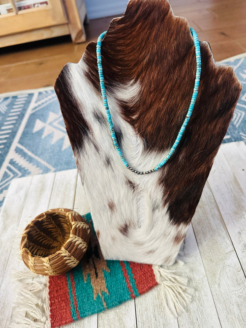 Handcrafted Turquoise & Sterling Silver Pearl Beaded Necklace 18"