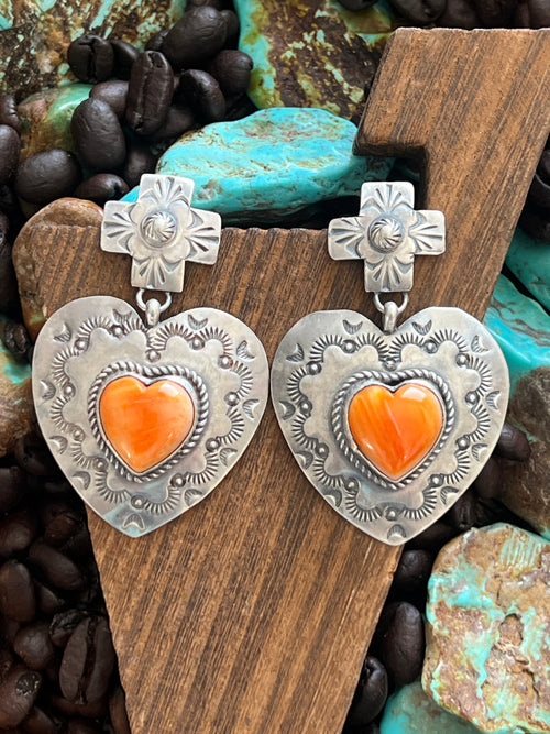 Apache Sterling Silver and Orange Spiny Oyster Shell Hand Stamped Heart Earrings by Rosella Paxson