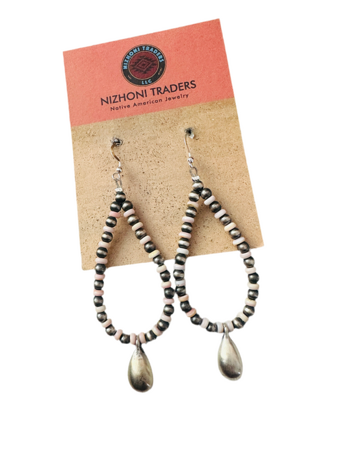 Handcrafted Queen Pink Conch & Sterling Silver Pearl Beaded Hoop Earrings