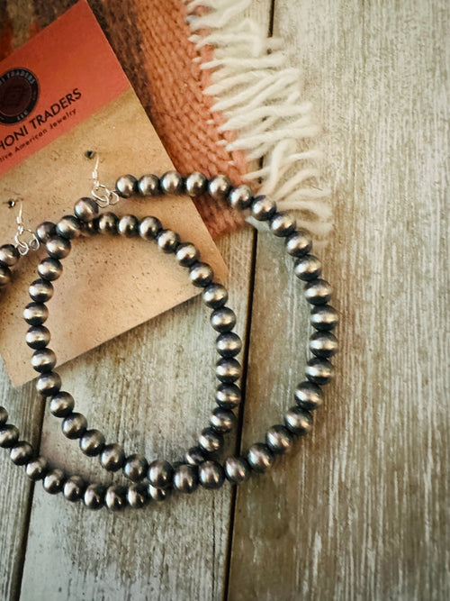 Navajo Sterling Silver Pearl Beaded Dangle Hoop Earrings