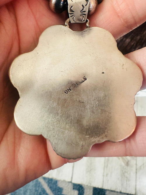 Handcrafted Turquoise, Spiny & Sterling Silver Pearl Beaded Flower Necklace 18"