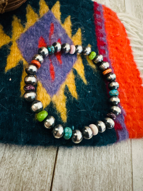 Handcrafted Multi Stone & Sterling Silver Pearl Beaded Stretch Bracelet