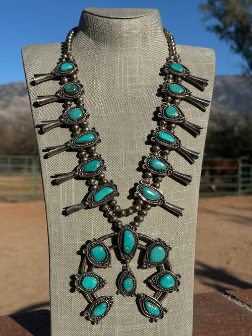 Estate Collection Old Pawn Turquoise & Sterling Silver Squash Blossom Necklace