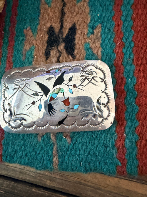 Handcrafted Vintage Old Pawn Sterling Silver and Multi Stone Inlay Hummingbird Belt Buckle