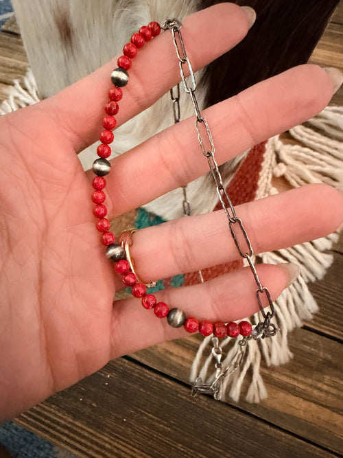 Handmade Sterling Silver & Red Fire Opal Beaded Necklace