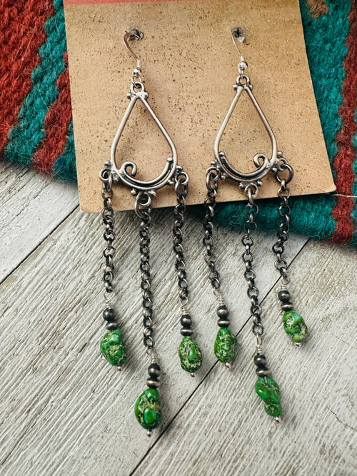 Navajo Sonoran Gold Turquoise & Sterling Silver Beaded Dangle Earrings