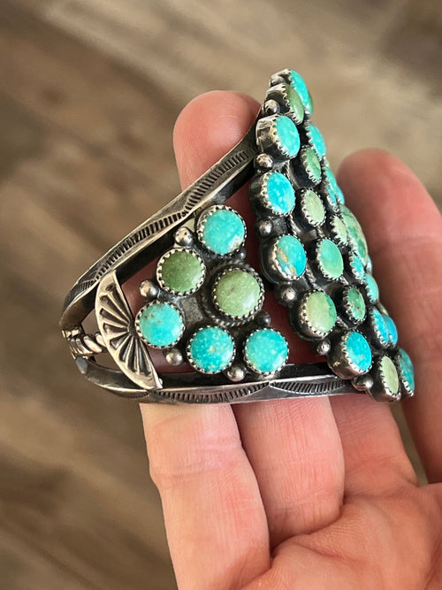 Handcrafted Vintage Sterling Silver and Fox Turquoise Cluster Cuff /