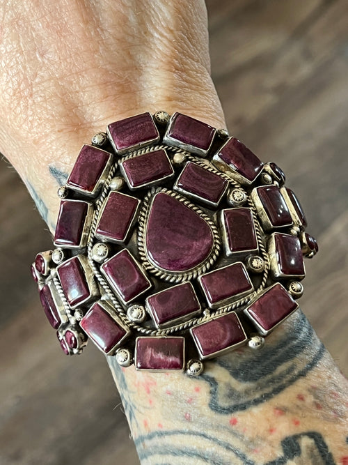 Handcrafted Sterling Silver and Purple Spiny Oyster Cuff Bracelet by Tyler Brown /