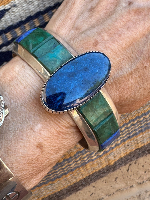 Old Pawn Lapis and Malachite Inlay Cuff by artists Michael and Causandra Dukepoo /