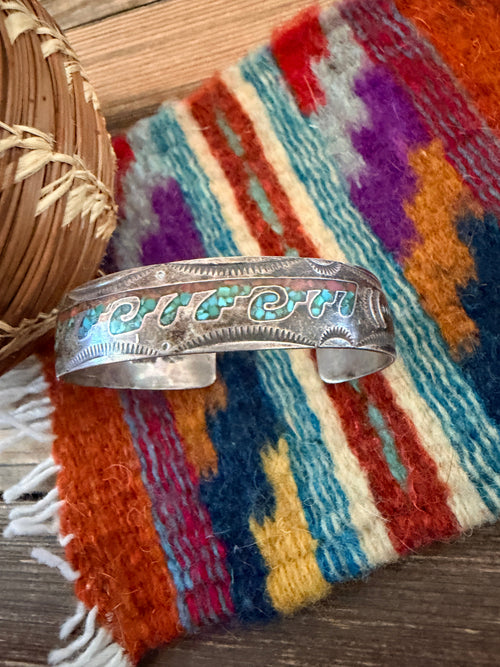 Handcrafted Old Pawn Coral, Turquoise & Sterling Silver Chip Inlay Cuff Bracelet