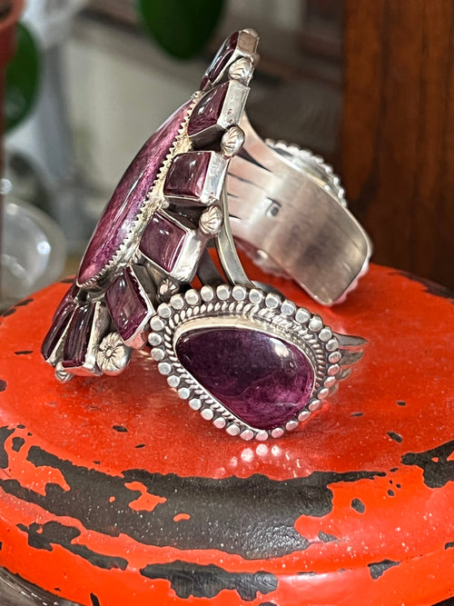 Handcrafted Sterling Silver and Purple Spiny Oyster Shell Cuff Bracelet by Tyler Brown /