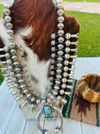 Handcrafted Vintage Old Pawn Turquoise & Sterling Silver Beaded Squash Blossom Necklace by James McCabe