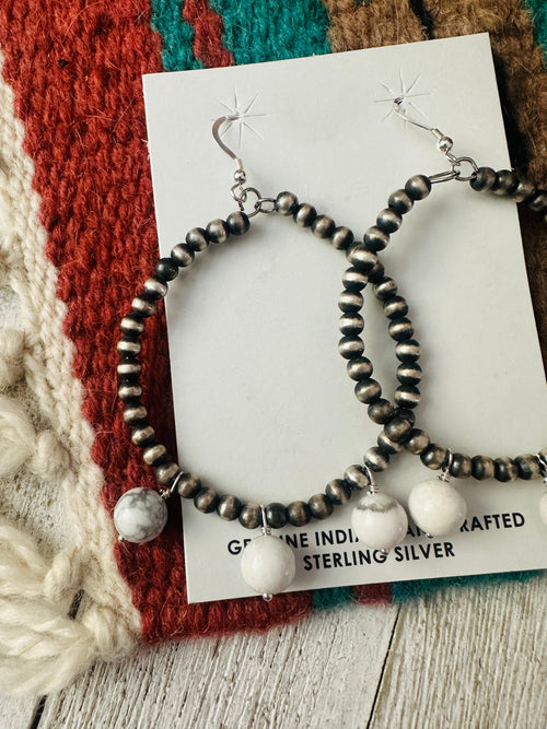 Navajo White Buffalo & Sterling Silver Pearl Beaded Hoop Earrings
