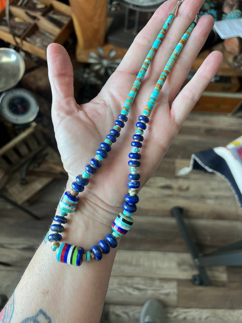Ronald Chavez Handcrafted Multistone Beaded Santo Domingo Necklace with Lapis Rondelles