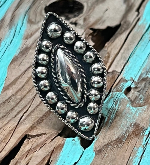 Sterling Silver Vintage Beaded Adjustable Marquise Ring