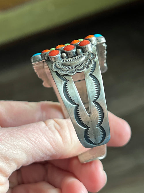 Old Pawn Don Lucas Split Stamped Sterling Silver and Multi Stone Cluster Cuff