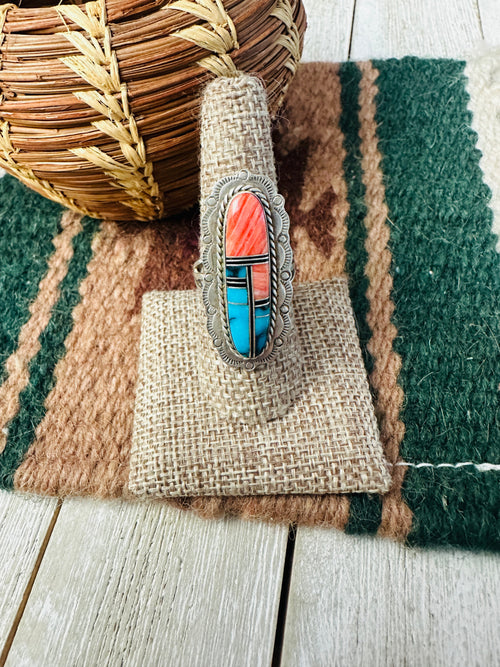 Old Pawn Handcrafted Multi Stone & Sterling Silver Inlay Ring Size 8.5