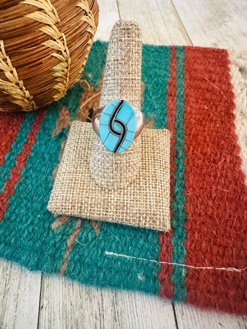 Old Pawn Navajo Sterling Silver, Turquoise & Onyx Inlay Ring Size 9