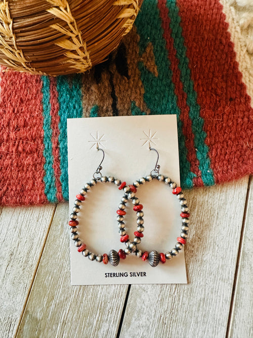 Navajo Multi Stone & Sterling Silver Pearl Beaded Hoop Earrings