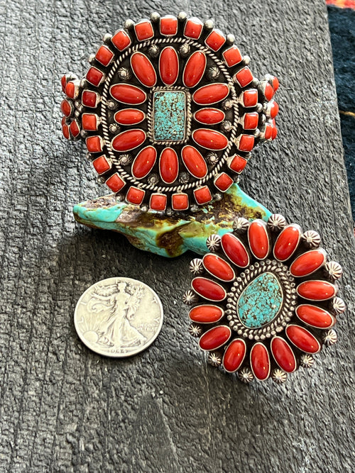 Navajo Sterling Silver, Mediterranean Coral and Spiderweb Kingman Turquoise Cuff Bracelet by Tyler Brown