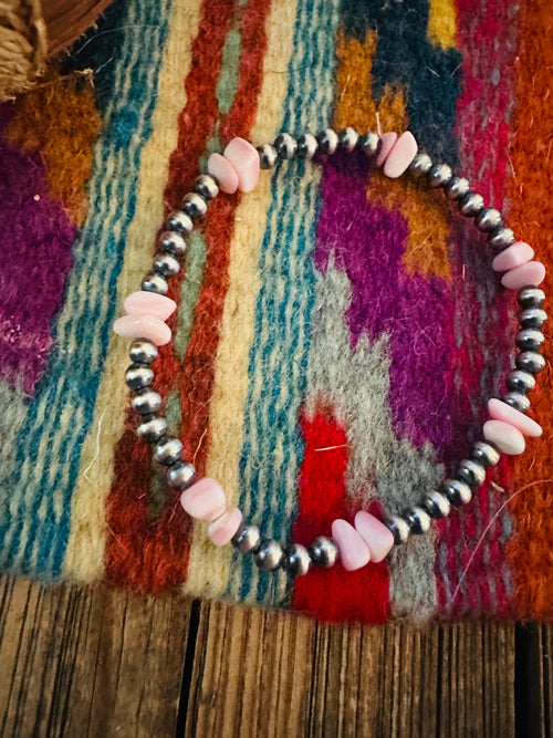 Handcrafted Queen Pink Conch & Sterling Silver Pearl Beaded Stretch Bracelet