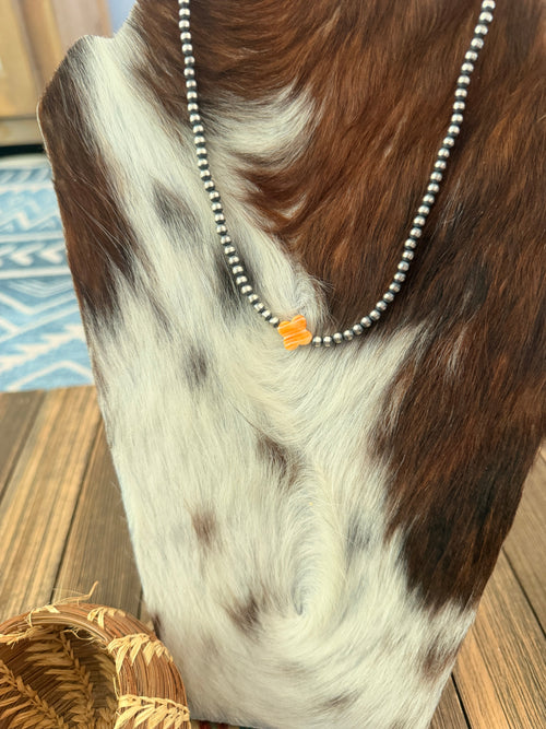 Handcrafted Orange Spiny and Sterling Silver Pearl Quatrefoil Beaded Necklace
