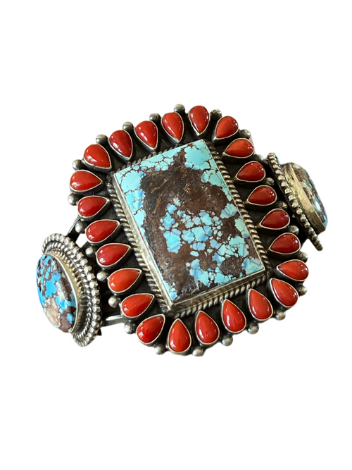 Navajo Sterling Silver, Mediterranean Coral & Golden Hills Turquoise Cuff Bracelet by Tyler Brown