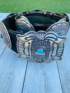 Handcrafted Vintage Black Leather And Sterling Silver Turquoise Concho Belt