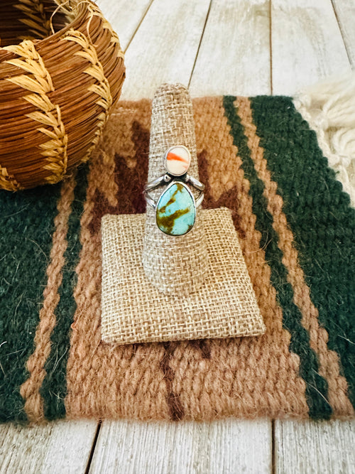 Old Pawn Navajo Sterling Silver, Turquoise & Spiny Ring Size 8