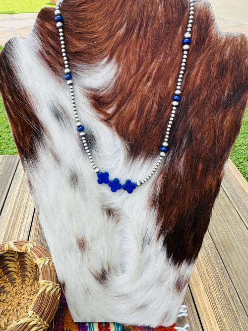 Handcrafted Lapis & Sterling Silver Pearl Cross Beaded Necklace