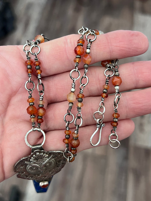 Tularosa Rosary Style Sterling Silver, Lapis Lazuli and Carnelian Ancient Owl Talisman Necklace