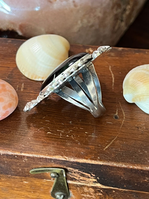 Apache Sterling Silver and Black Onyx Heart Ring by Rosella Paxson, Size 9.5