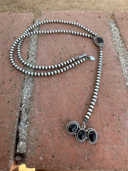 Handcrafted Onyx & Sterling Silver Pearl Beaded Lariat Necklace