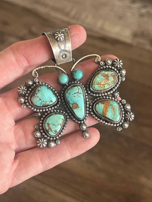 Apache Made Sterling Silver & Pilot Mountain Turquoise Butterfly Pendant by Rosella Paxson