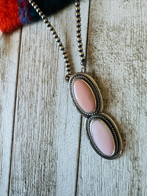 Handcrafted 2 Stone Queen Pink Conch & Sterling Silver Pearl Beaded Necklace