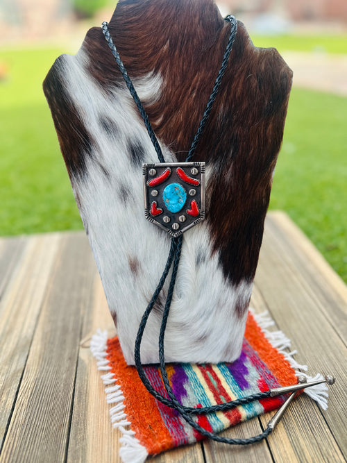 Handcrafted Vintage Old Pawn Sterling Silver, Turquoise & Coral Bolo Tie