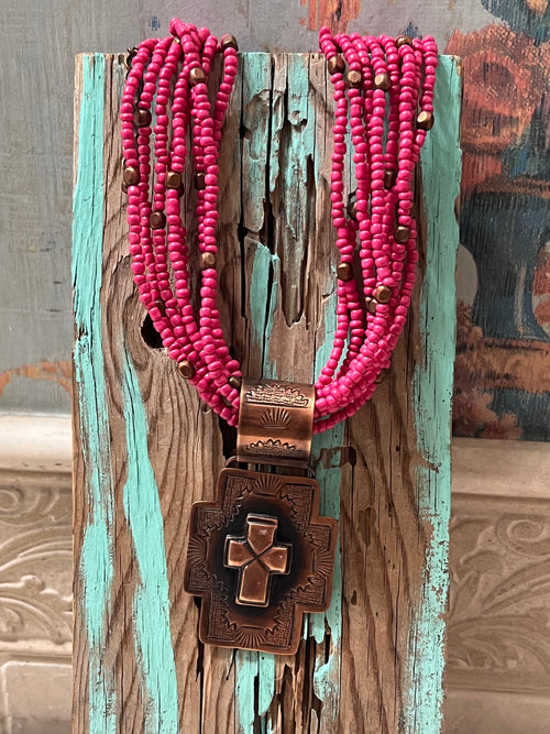 Copper Cross Pendant on Hot Pink Beaded Necklace