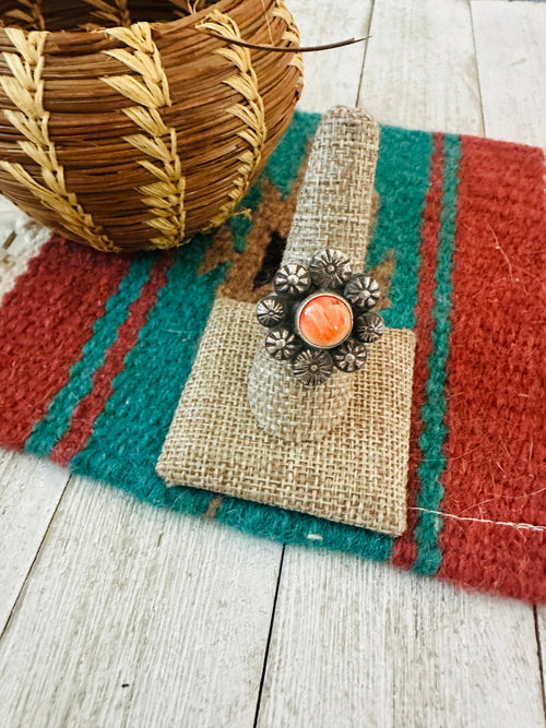 Old Pawn Navajo Sterling Silver & Orange Spiny Flower Ring Size 9