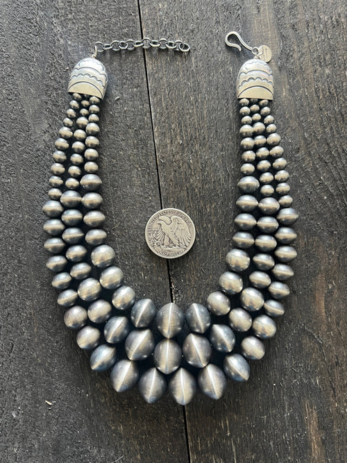 Handcrafted Sterling Silver Triple Strand Bead Statement Necklace by Rose Martin
