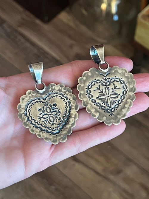 Hand Stamped Sterling Silver & Kingman Turquoise Heart Pendant by June Delgarito