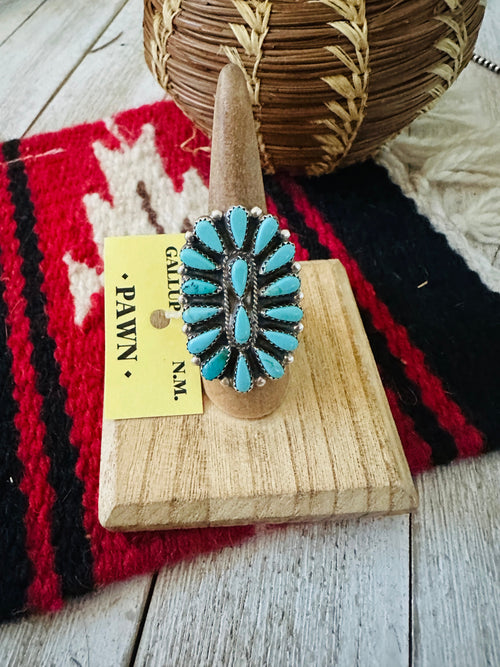 Old Pawn Navajo Sterling Silver & Turquoise Cluster Ring Size 7.5