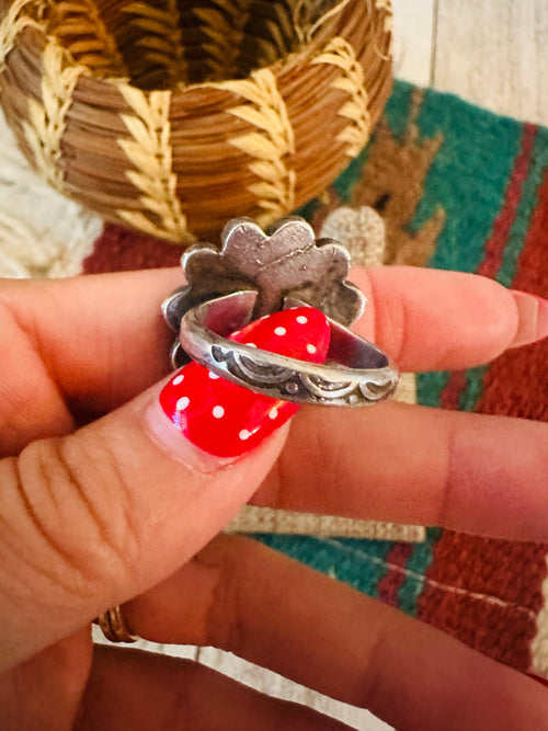 Old Pawn Navajo Sterling Silver, Turquoise & Coral Flower Ring Size 7.75