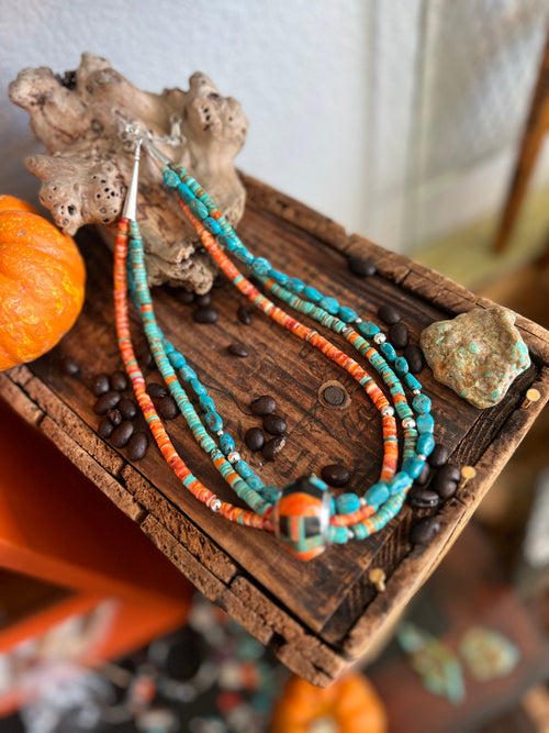 Daniel Coriz Triple Strand Spiny Oyster and Turquoise Beaded Necklace w/ Removable Sterling Silver & Stone Inlay Bead